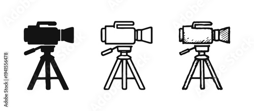 Video camera on tripod icon set. Filmmaking and videography symbol. Professional recording equipment vector illustration with solid, outline, and hand-drawn styles.
