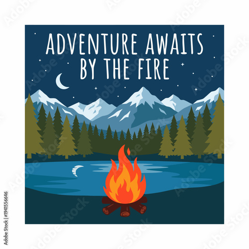 An inviting campsite scene showcasing a crackling campfire Illuminated against a backdrop of towering mountains and a serene lake, perfect for adventurers and nature lovers.