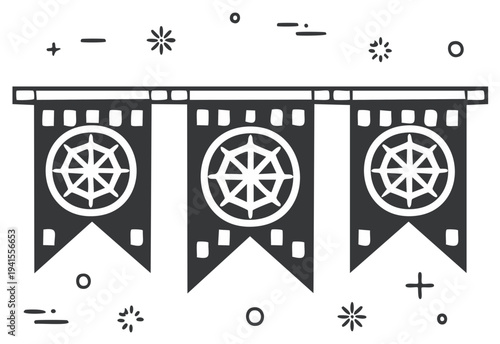 Three Hanging Celebration Pennants with Wheel Motif and Decorative Elements for Festivals and Events