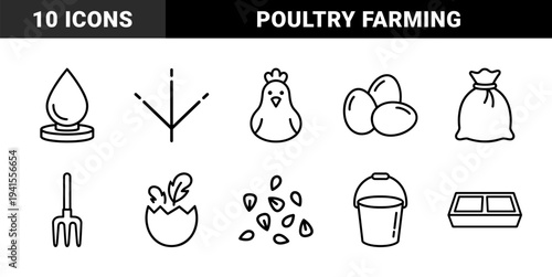 Poultry farming and organic egg production elements in a technical monoline style. Minimalist chicken husbandry pictograms for agricultural branding and livestock management interfaces.