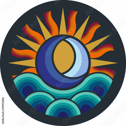 A striking art piece displaying the sun and moon, complemented by vibrant waves, capturing the duality of nature and the beauty of day and night harmoniously.