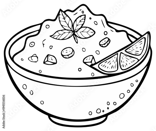 Hand drawn black and white illustration of a bowl of dip garnished with herbs and a lemon slice