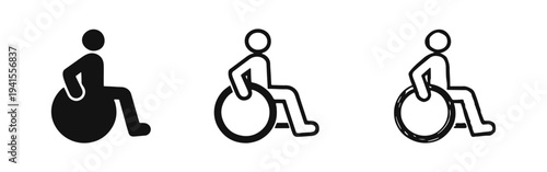 Wheelchair icon set. Disability access symbol. Handicapped person vector illustration with solid, outline, and hand-drawn styles.
