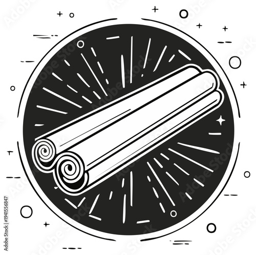 Bold line art illustration of two cinnamon sticks within a radiating circle