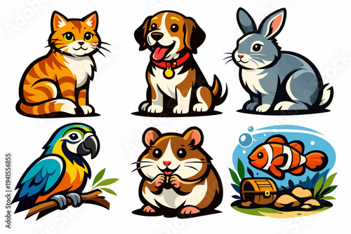 Cute cartoon animals featuring cat, dog, rabbit, parrot, hamster, and clownfish