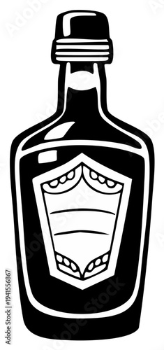 Black and white illustration of a liquor bottle with a blank label.