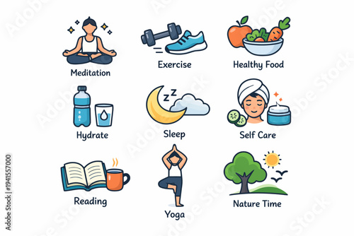Wellness icons: meditation, exercise, healthy food, hydration, sleep, self care, reading, yoga, nature time