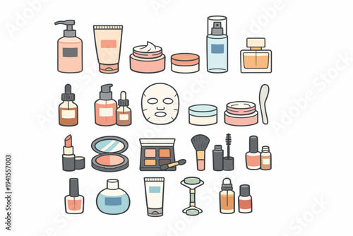 Skincare and makeup products collection - creams, serums, masks, brushes, and lipsticks