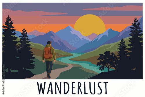 A captivating scene of a person walking through a breathtaking mountainscape at sunset, representing wanderlust and the desire for adventure and exploration of the great outdoors.