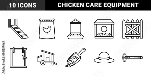 Poultry farming and backyard chicken coop maintenance equipment. Technical monolinear strokes featuring nesting boxes, feeding systems, and poultry care essentials.