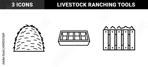 Agriculture and livestock farming elements for sustainable agrotech branding. Minimalist monoline symbols of animal feeder, haystack, and wooden fence.