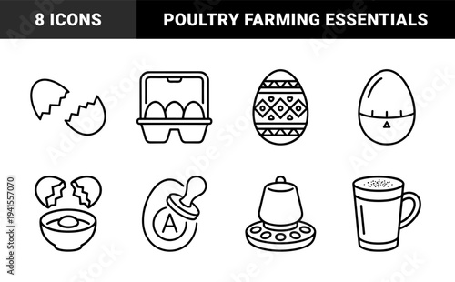 Egg production and poultry farming essentials featuring linear monoline symbols for agriculture, breakfast preparation, and culinary industry supply chain.