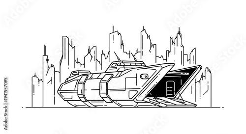 Futuristic Spaceship Docked in Sci-Fi City Skyline, Line Art Illustration