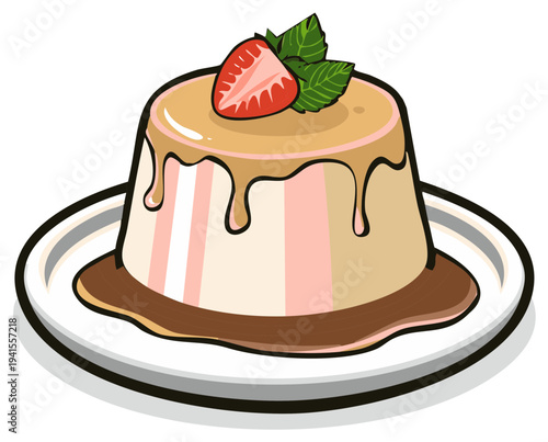 Cartoon Panna Cotta Dessert Topped with Strawberry and Mint on a Plate Ready to Eat