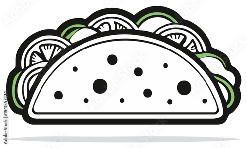 Stylized illustration of a folded taco with cartoonish ingredients and black dots