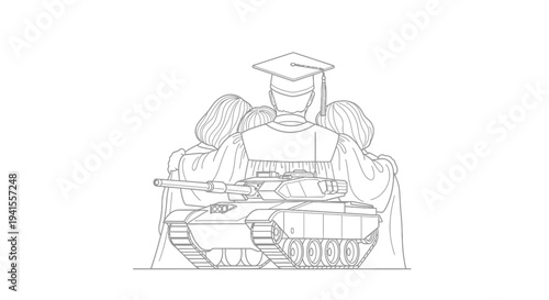 Graduation Ceremony with Military Tank Symbolizing Education and Defense