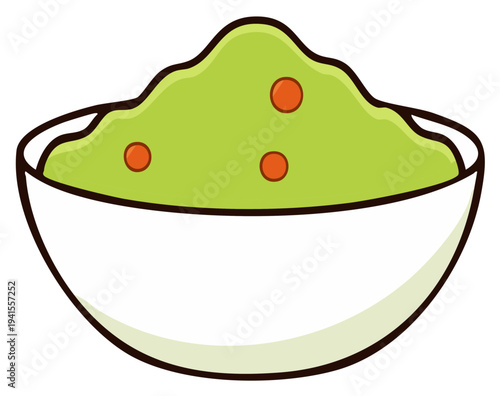 Vibrant green guacamole dip in a white bowl a delicious and healthy Mexican food cartoon illustration