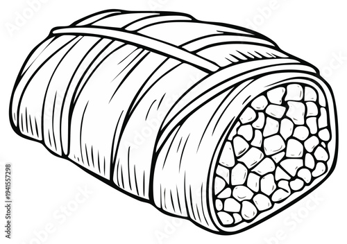 Black and white sketch of a traditional wrapped food item with detailed texture