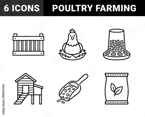 Poultry farming and chicken livestock management elements in bold monoline style. Minimalist black and white pictograms for agricultural branding.