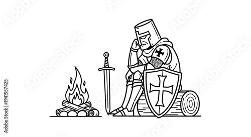 Knight Resting by Campfire, Medieval Warrior Contemplating by Firelight
