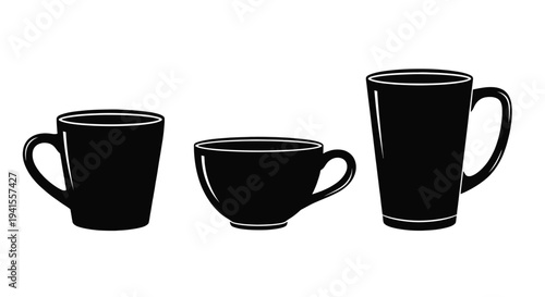 Set of black coffee cups and mugs in various shapes and sizes graphic design