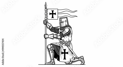 Knight Templar Kneeling with Sword and Banner, Medieval Warrior, Crusader