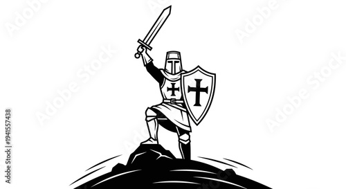 Knight Templar Warrior with Sword and Shield on Rocky Peak, Victory Symbol