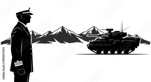 Military Officer Inspecting Tank in Snowy Mountains