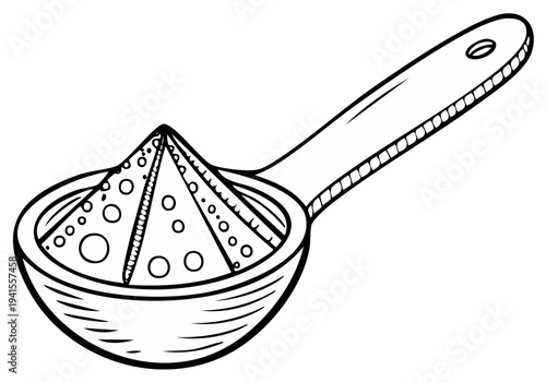 Sketch of a measuring spoon full of dry ingredients, such as flour or sugar, isolated on white background