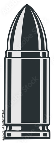 Silver metallic bullet for firearm, isolated on white, sharp projectile, cylindrical casing, ammunition detail