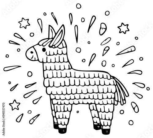 Whimsical donkey pinata doodle with festive star decorations hand-drawn