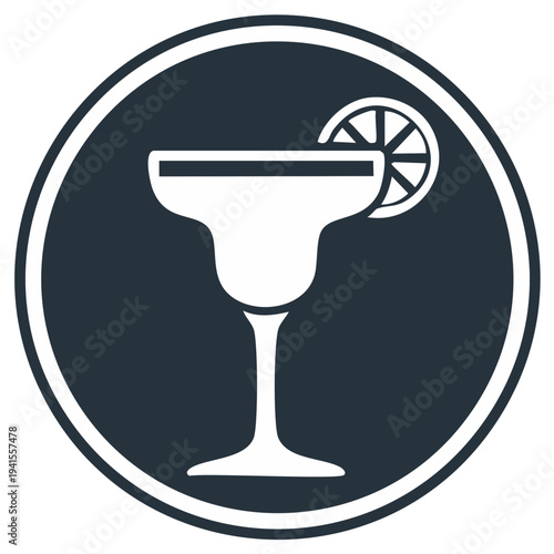 Icon of a margarita cocktail with lime wedge in a dark blue circle, representing celebration and refreshment.