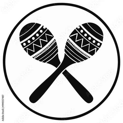 Crossed maracas symbol inside a circle. Black and white illustration.