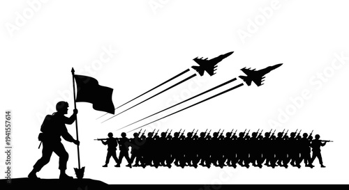 Military parade with fighter jets flying over soldiers holding flags and rifles