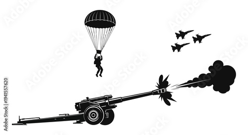 Military Paratrooper Jumps From Plane While Artillery Fires and Jets Fly Overhead