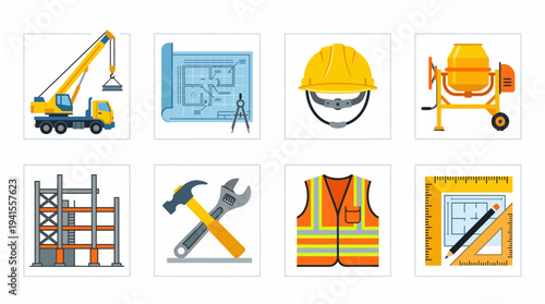 Construction Industry Icons Vector Set – Mobile Crane, Blueprint, Helmet, Concrete Mixer, Building Framework, Hammer Wrench, Safety Vest, Ruler Pencil Blueprint Vector