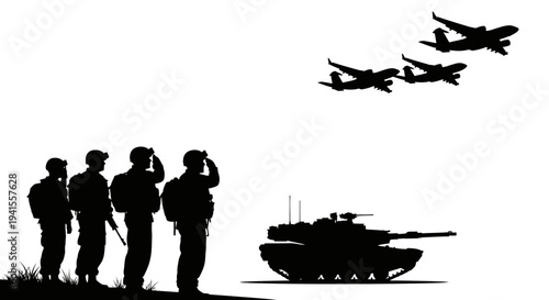 Military Parade: Soldiers Salute Tanks and Airplanes in Formation