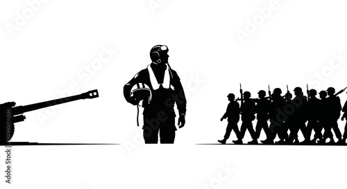 Military parade, fighter pilot, and artillery gun silhouette on white background