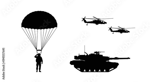 Military Paratrooper, Helicopters, and Tank Silhouette - Combat and Warfare Concept