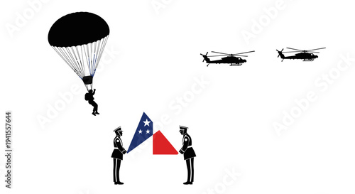 Military Paratrooper Landing, Helicopters, Soldiers with Flags, Military Operation Concept