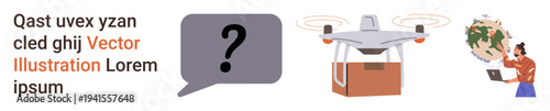 quadcopter delivery, logistics, global communication, modern technology, e-commerce, innovative systems. A package Quadcopter, globe and a laptop user. Drone delivery and logistics innovation