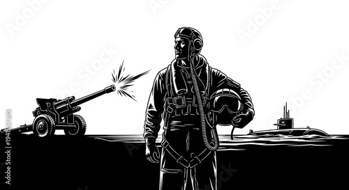 Military Pilot, Artillery Cannon Firing, Submarine on Water - Vintage Black and White Illustration