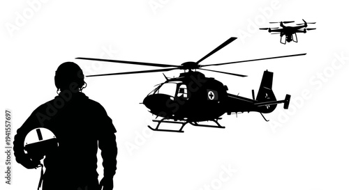 Military Pilot with Helicopter and Drone - Aerial Surveillance and Modern Warfare