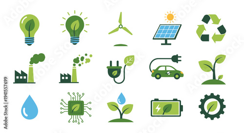 Flat design eco-friendly icons for green energy sustainability and environmental protection.