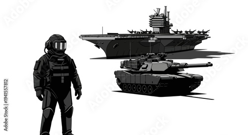Military Power: Soldier, Tank, and Aircraft Carrier
