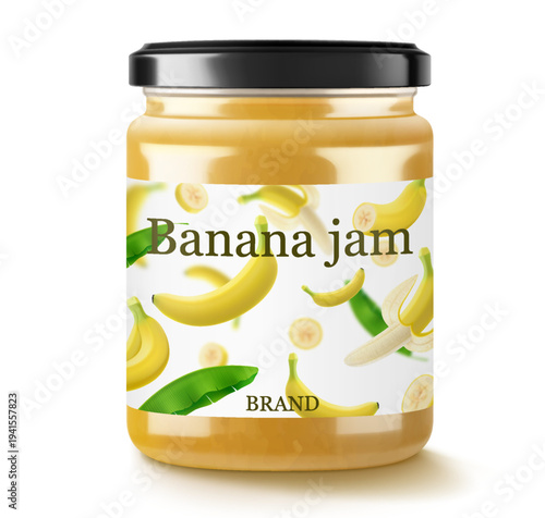 Banana jam in glass jar and fresh banana fruit isolated on white background. Glass of banana marmalade design element. Banana jam jar icon. Realistic 3d vector illustration. Mockup for your brand.