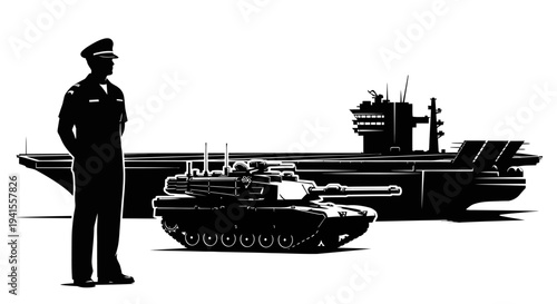 Military Power: Soldier, Tank, and Aircraft Carrier Silhouette
