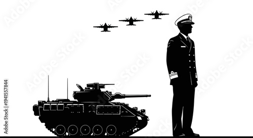 Military Power: Tank, Fighter Jets, and Naval Officer Silhouette