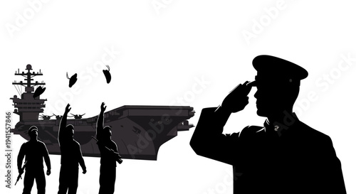 Military Salute: Aircraft Carrier, Sailors, and Officer in Silhouette