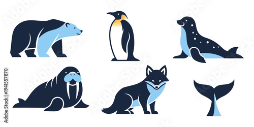 Collection of minimalist animal icons including walrus, penguin, seal, walrus, fox, and whale tail on a clean background